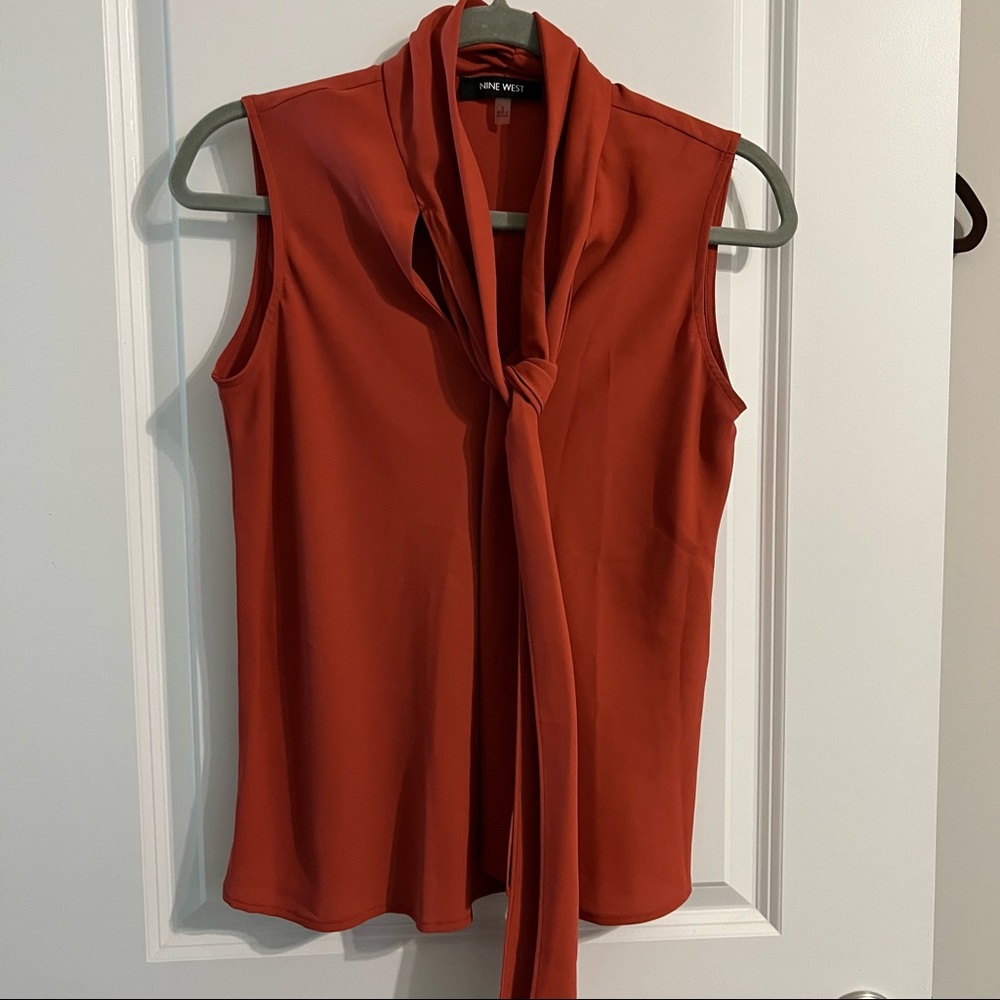 Nine West burnt orange tie neck business blouse